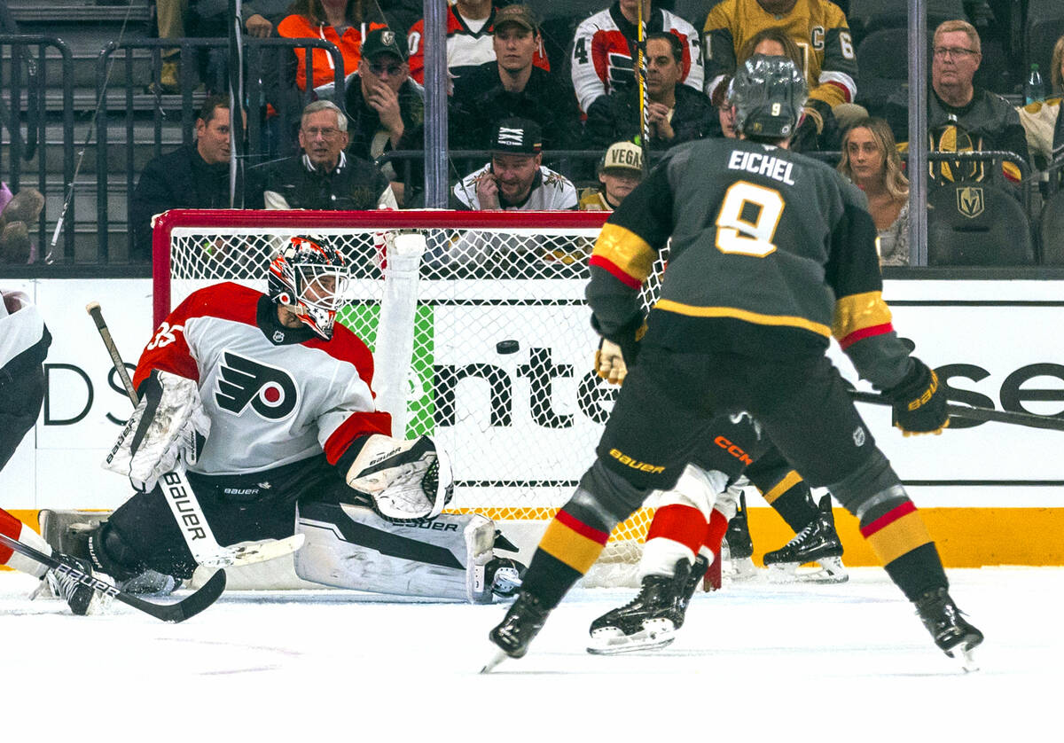 Philadelphia Flyers goaltender Aleksei Kolosov (35) watches a puck go off the post as Golden Kn ...