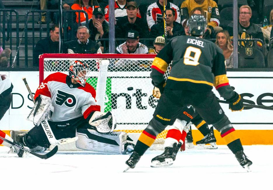 Philadelphia Flyers goaltender Aleksei Kolosov (35) watches a puck go off the post as Golden Kn ...