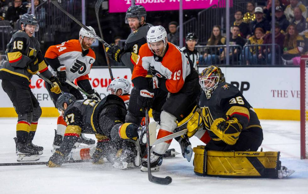 Philadelphia Flyers right wing Garnet Hathaway (19) attempts top score against Golden Knights g ...