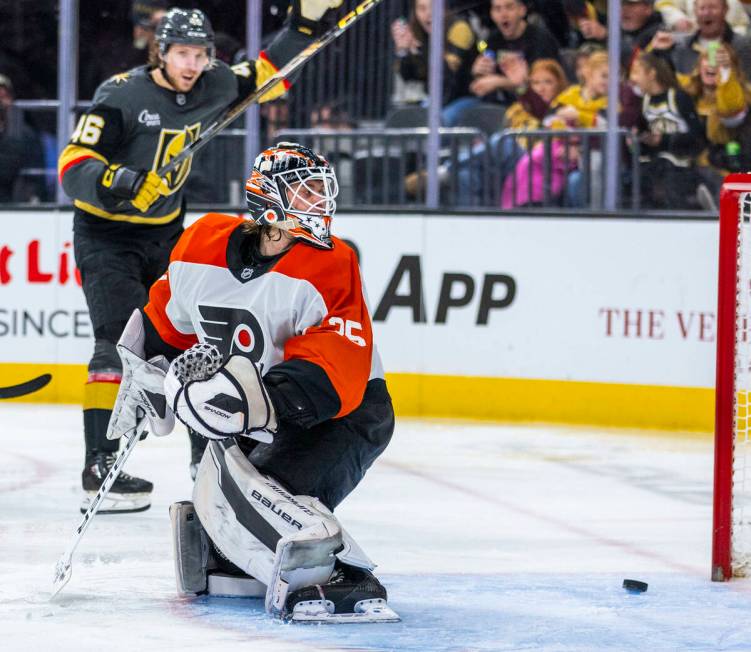 Philadelphia Flyers goaltender Aleksei Kolosov (35) watches the puck slide into the net as Gold ...