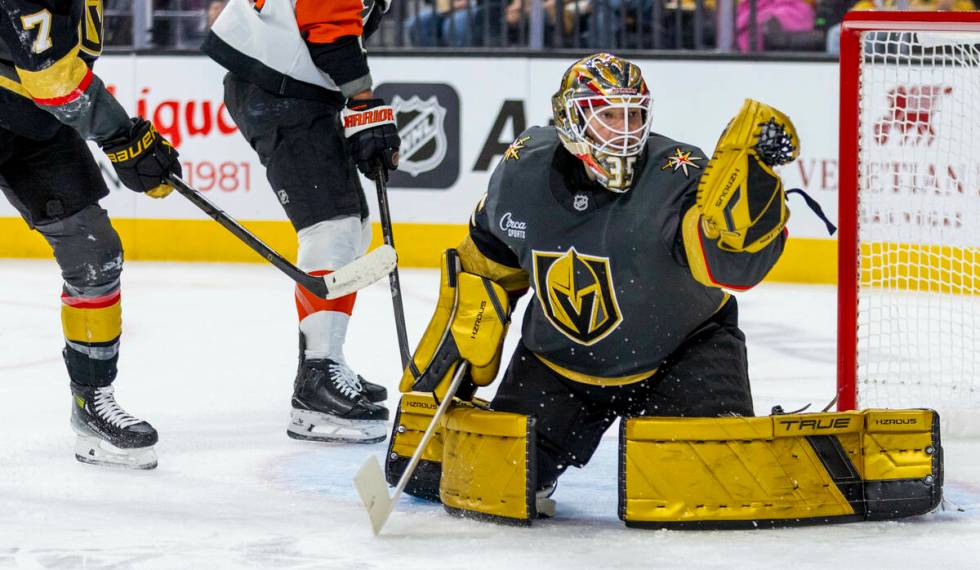 Golden Knights goaltender Ilya Samsonov (35) snags a puck against the Philadelphia Flyers durin ...