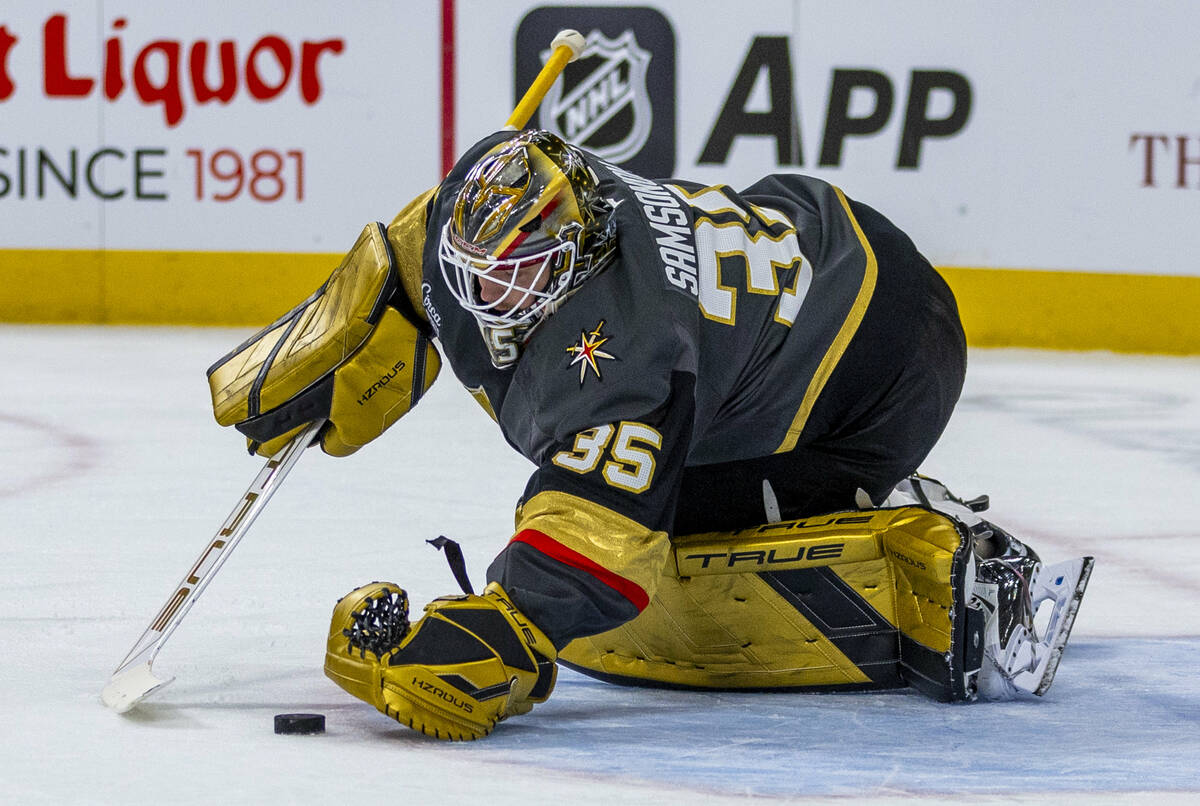 Golden Knights goaltender Ilya Samsonov (35) jumps on a puck against the Philadelphia Flyers du ...