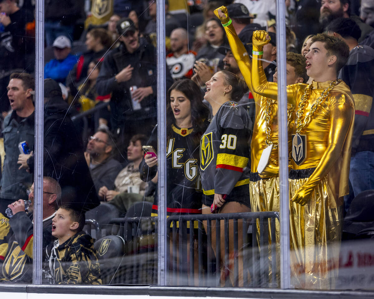 Golden Knights fans celebrate another score against the Philadelphia Flyers during the second p ...