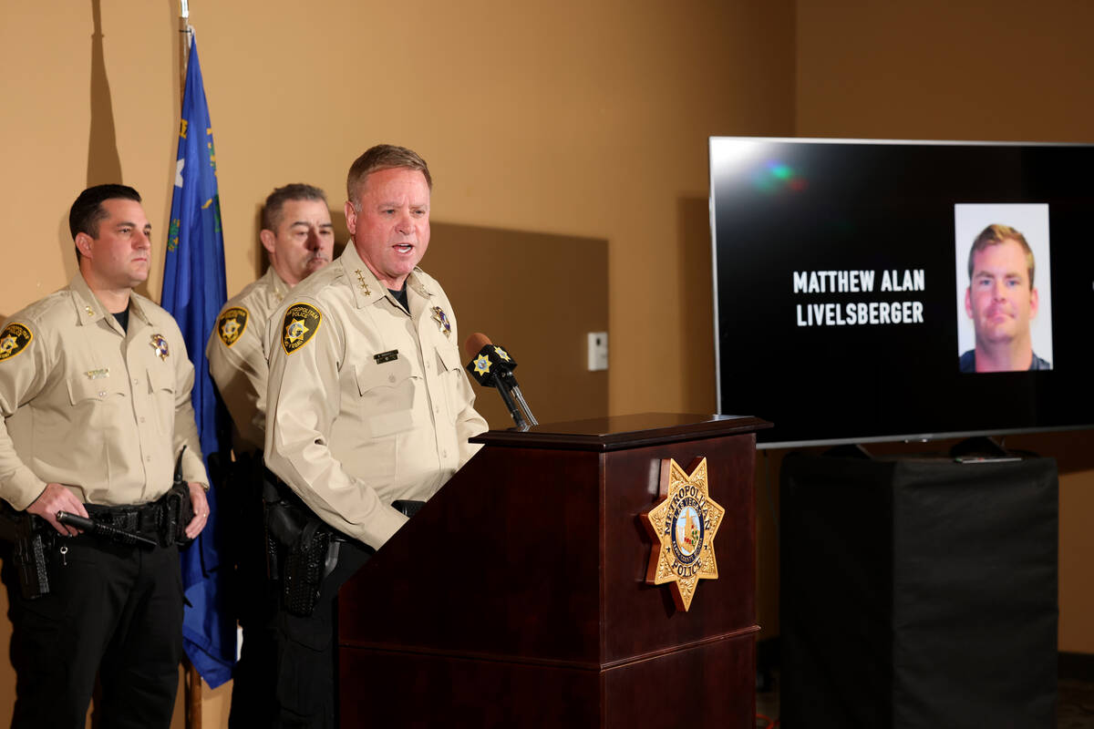 A photo of Matthew Alan Livelsberger is shown as Sheriff Kevin McMahill talks to the news media ...