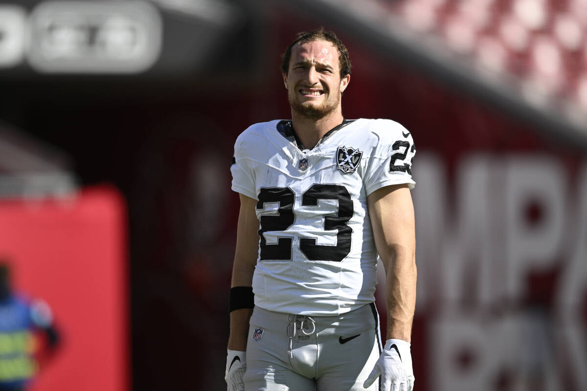 Las Vegas Raiders running back Dylan Laube (23) warms up before an an NFL football game against ...