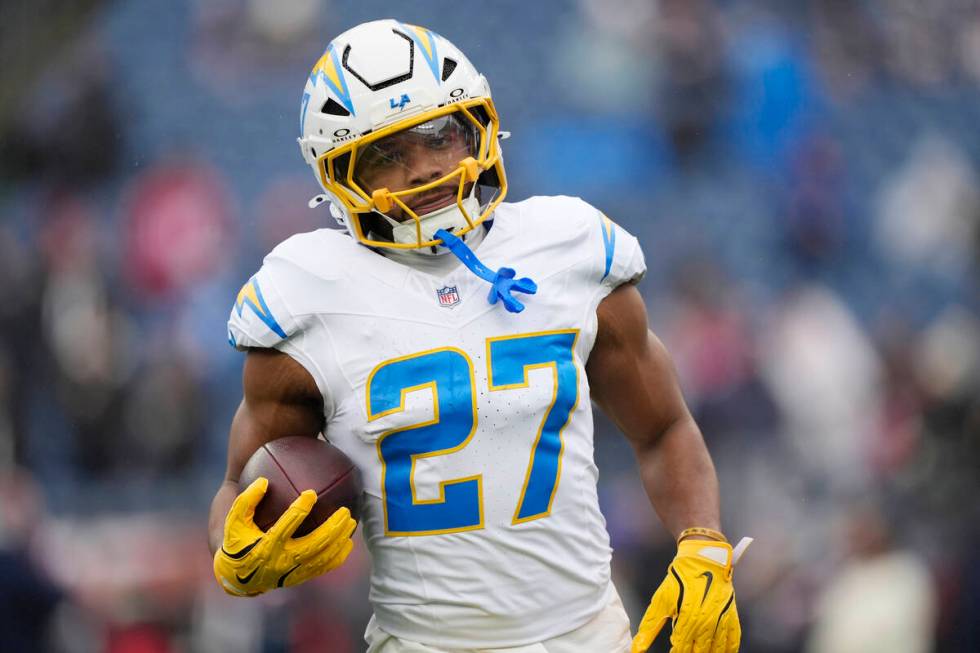 Los Angeles Chargers running back J.K. Dobbins (27) prior to an NFL football game, Saturday, De ...