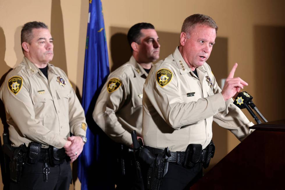 Sheriff Kevin McMahill talks to the news media at Metropolitan Police Department headquarters i ...