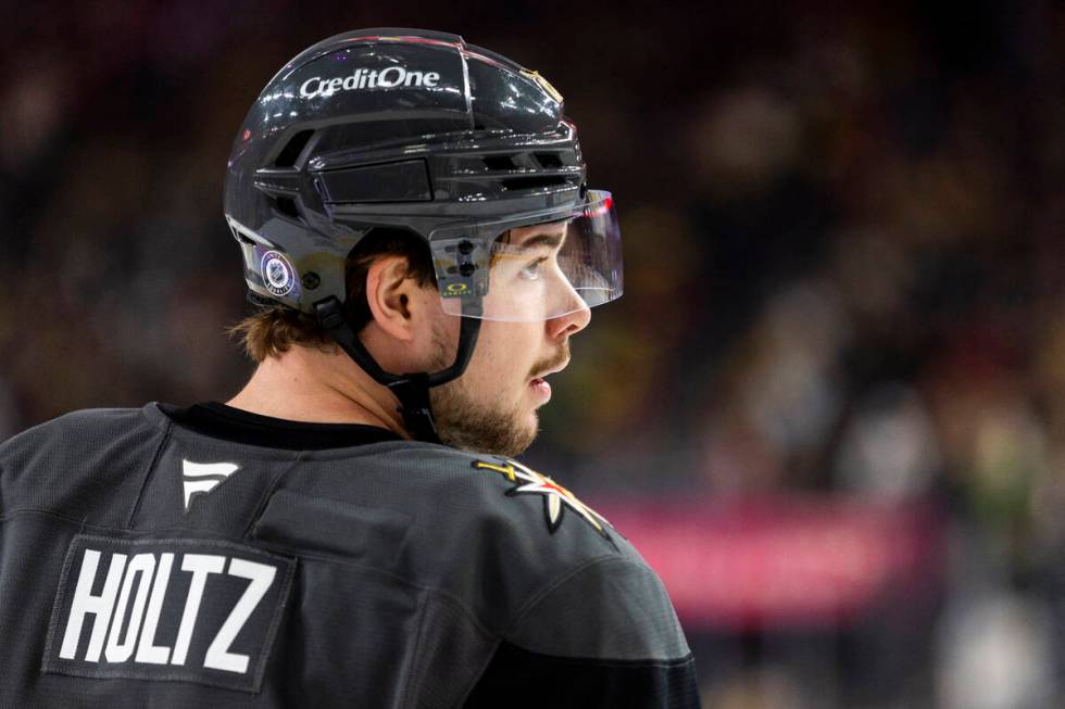 Golden Knights right wing Alexander Holtz (26) waits for a face-off during the third period of ...