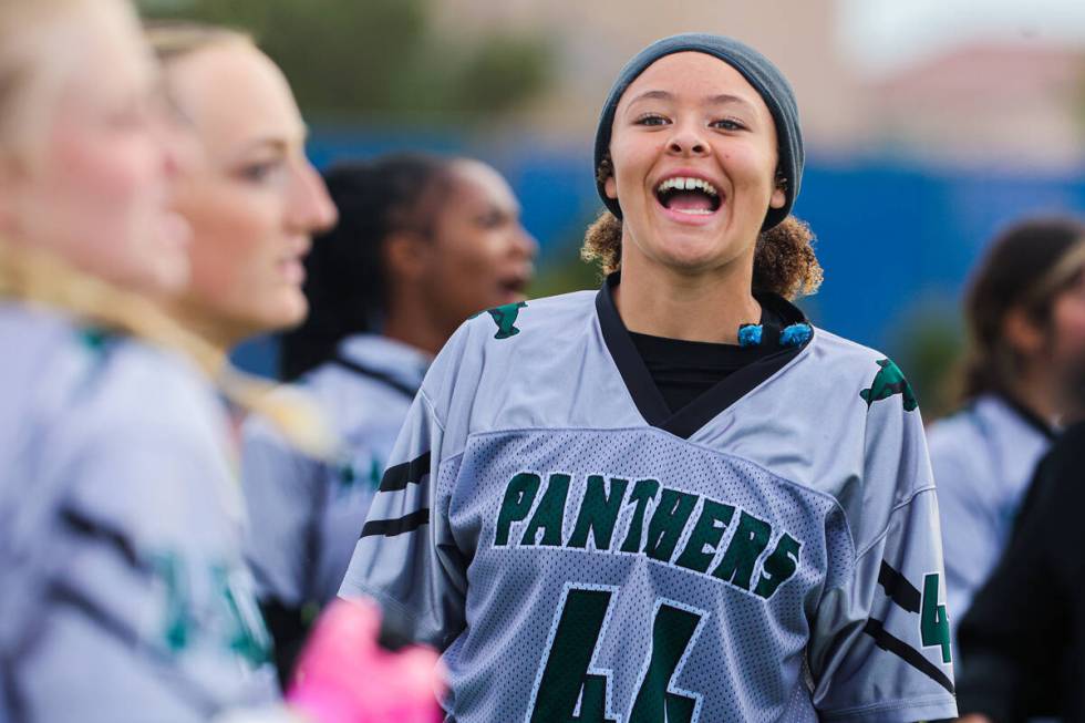 A Palo Verde player cheers from the sidelines during a flag football game between Palo Verde an ...