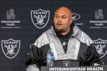 Raiders head coach Antonio Pierce addresses the media during a news conference at the Intermoun ...