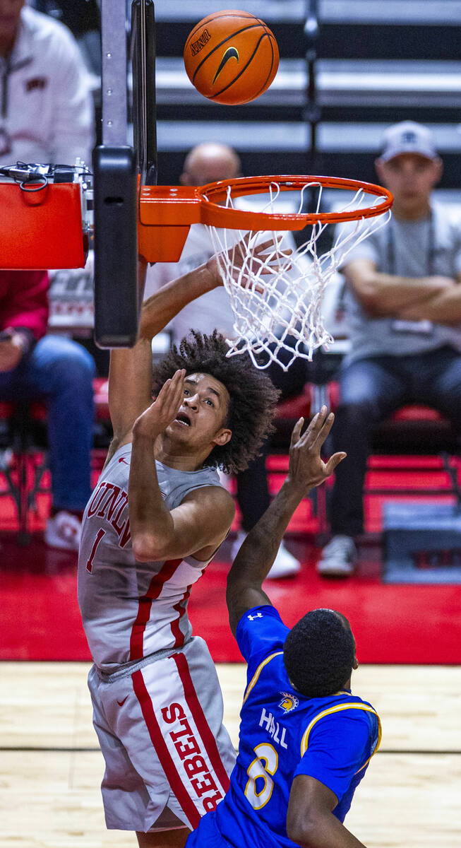 UNLV forward Jalen Hill (1) elevates to score over San Jose State Spartans forward Sadaidriene ...