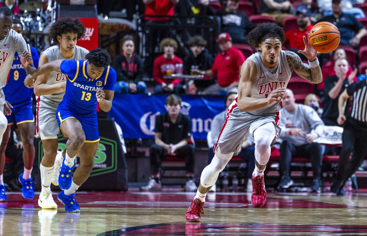 UNLV guard Brooklyn Hicks (13) breaks away after a steal against San Jose State Spartans guard ...