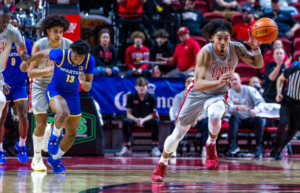 UNLV guard Brooklyn Hicks (13) breaks away after a steal against San Jose State Spartans guard ...