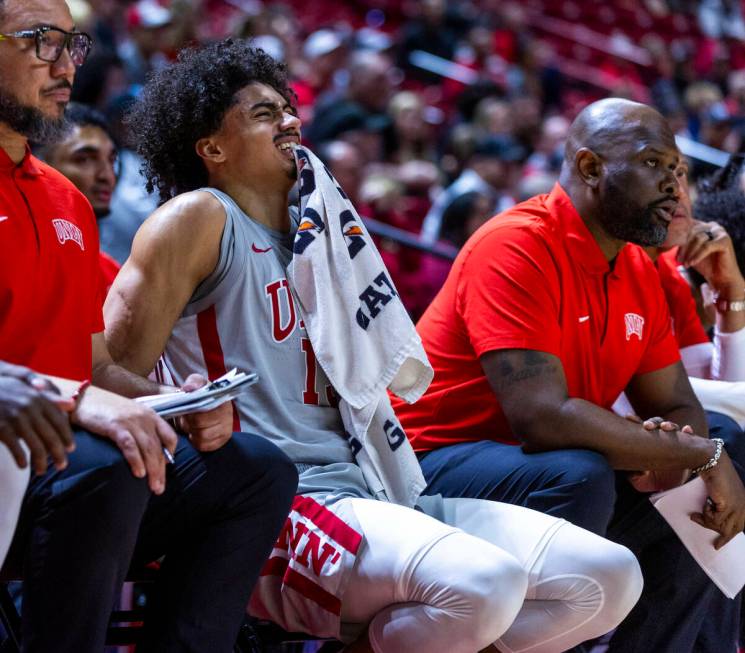 UNLV guard Brooklyn Hicks (13) is in discomfort on the bench as the San Jose State Spartans bri ...