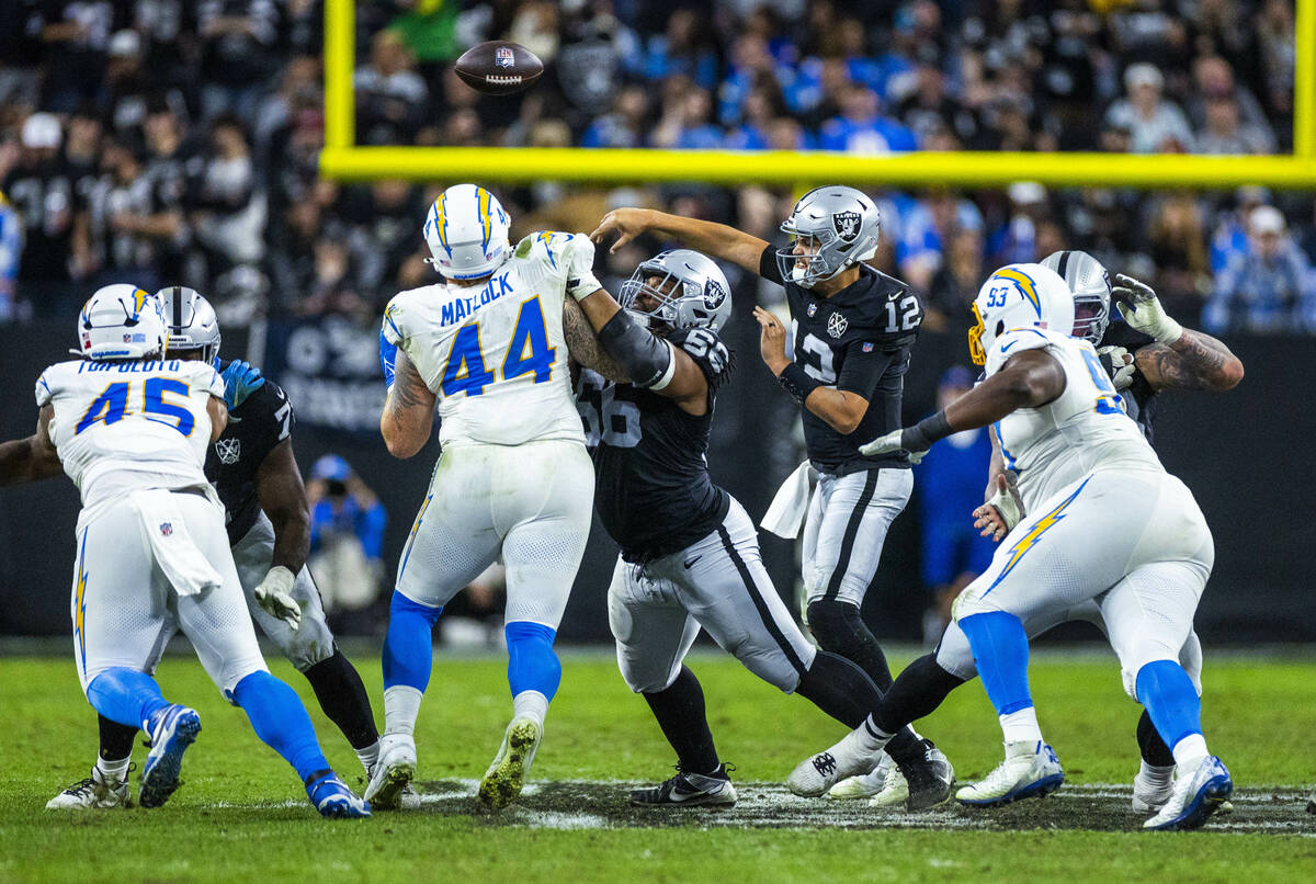 Raiders quarterback Aidan O'Connell (12) releases another pass against the Los Angeles Chargers ...