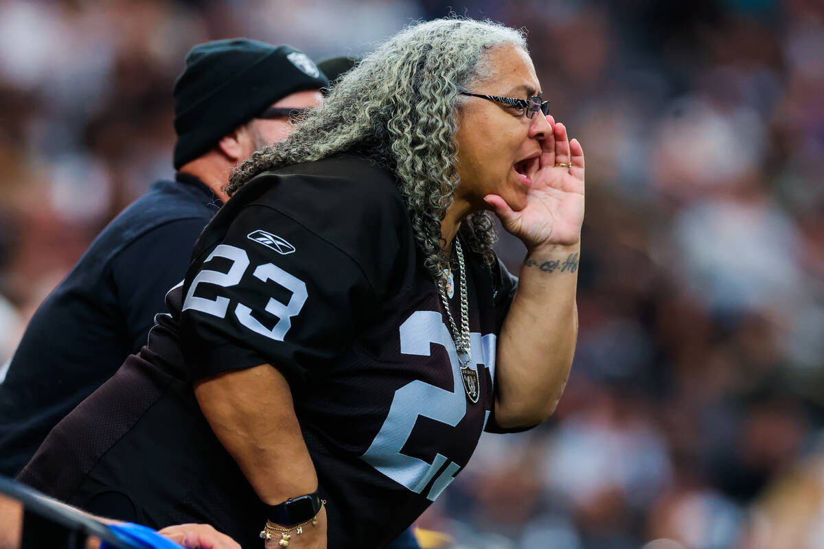 A Raiders fan yells at a referee during an NFL football game between the Raiders and Los Angele ...