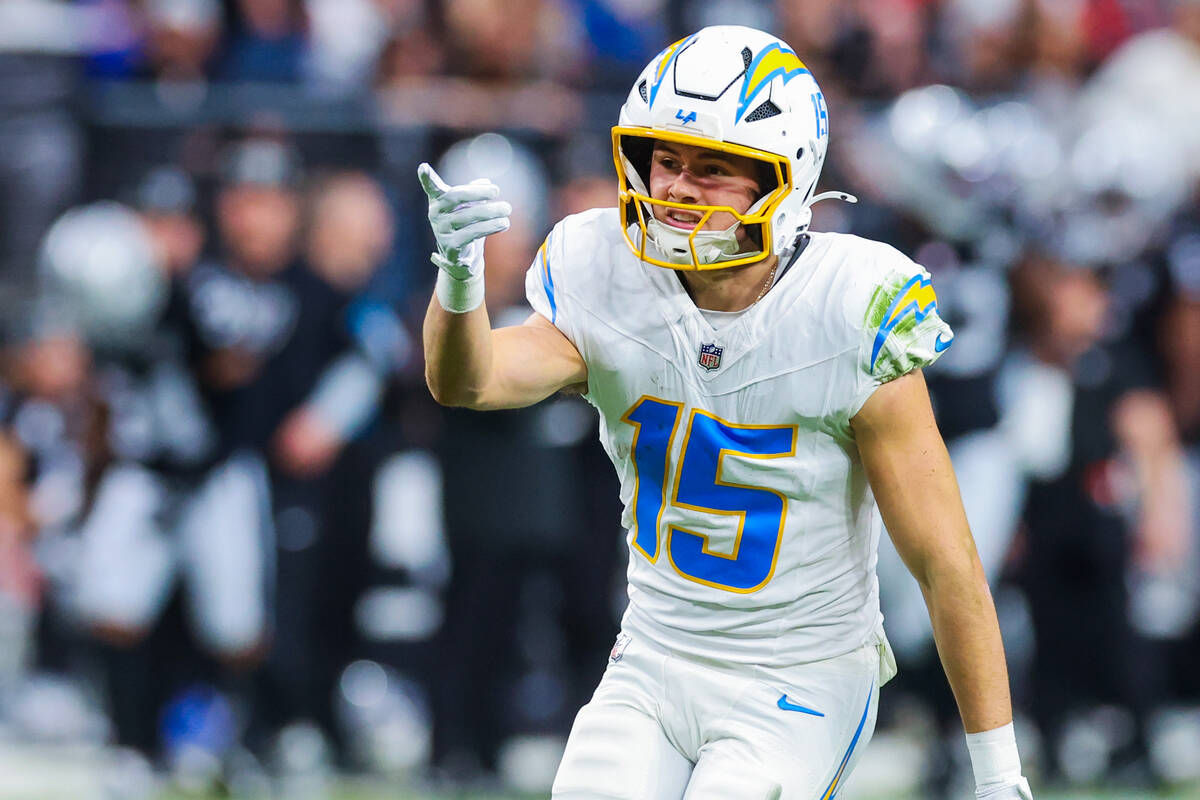 Los Angeles Chargers wide receiver Ladd McConkey (15) gets animated after a play during an NFL ...