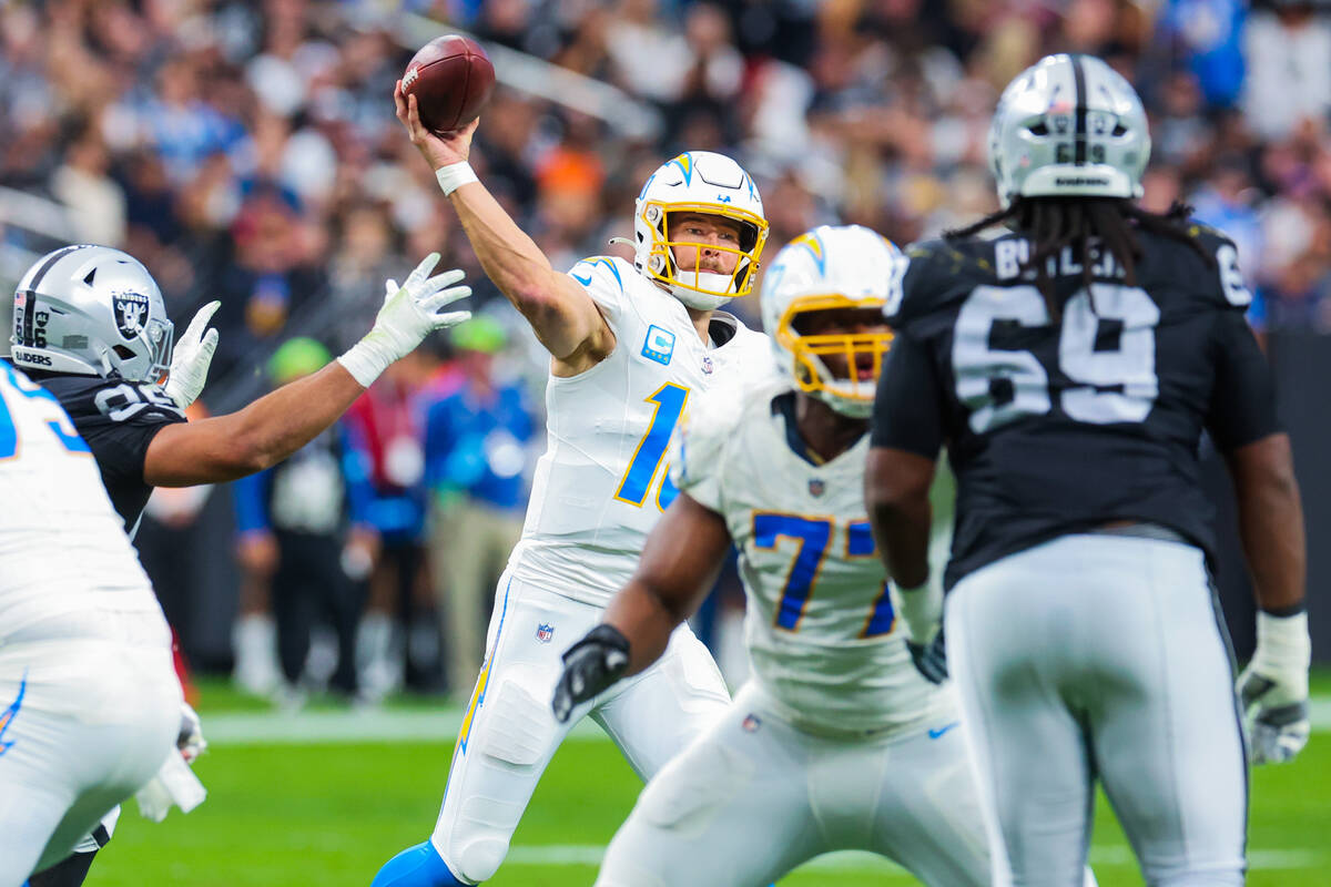 Los Angeles Chargers quarterback Justin Herbert (10) throws the ball during an NFL football gam ...