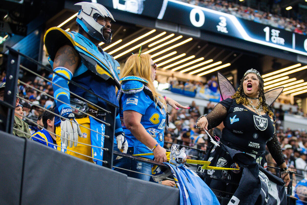 Danielle “Tinker Hell” Dillard screams in support of the Raiders during an NFL fo ...