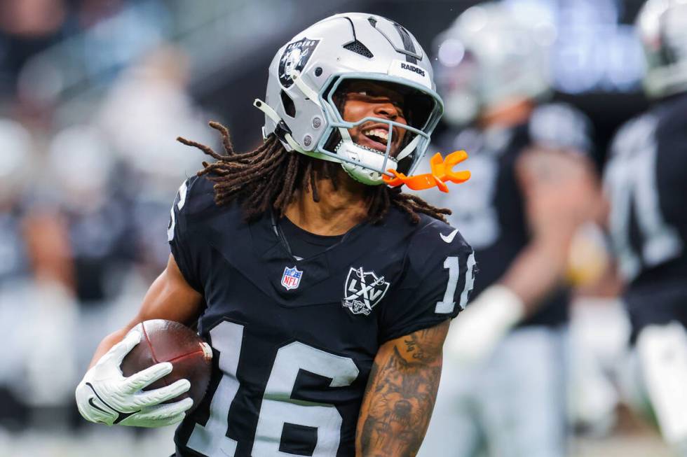 Raiders wide receiver Jakobi Meyers (16) smiles during an NFL football game between the Raiders ...