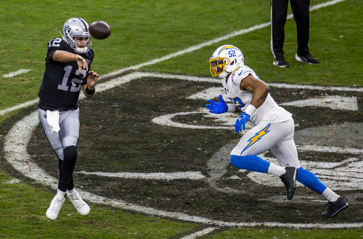 Raiders quarterback Aidan O'Connell (12) gets off pass as Los Angeles Chargers linebacker Khali ...