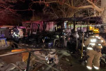 Crews battle a fire Monday, Jan. 6, 2025, on the 1700 block of Gateway Road in Las Vegas. (Clar ...