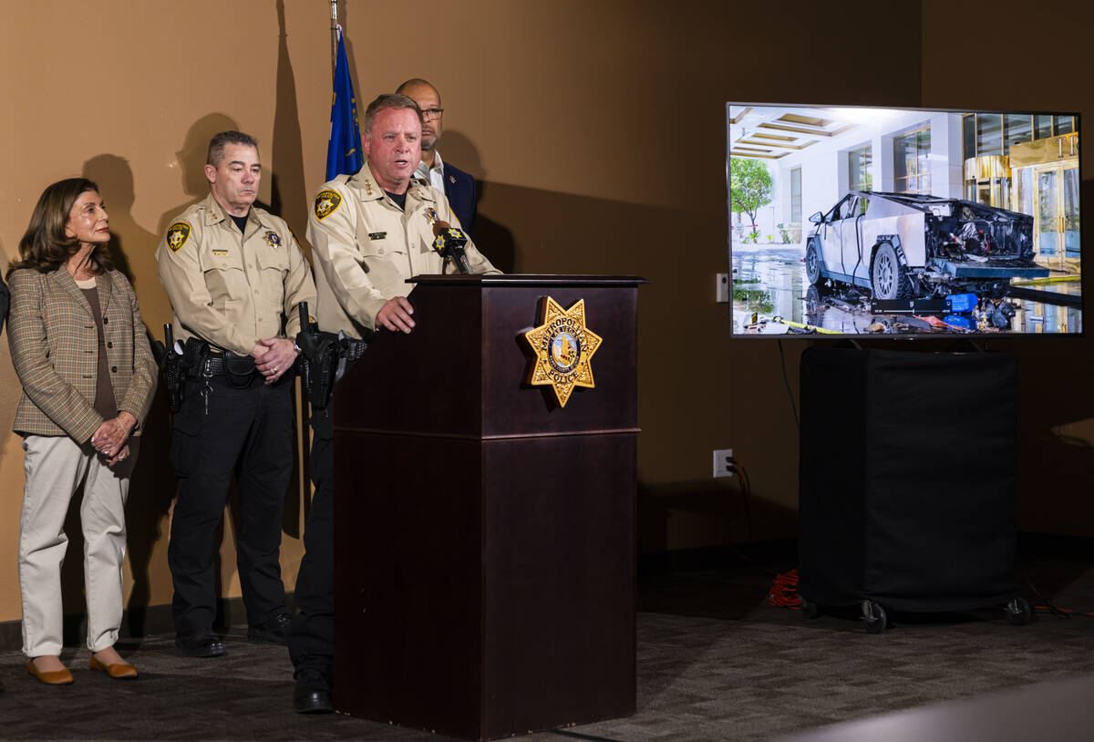 Clark County Sheriff Kevin McMahill briefs the media about the Tesla Cybertruck which exploded ...