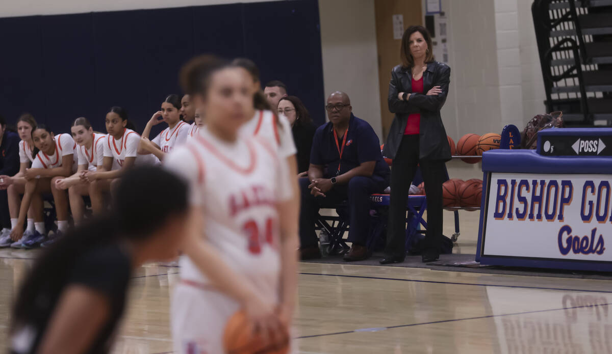 Bishop Gorman head coach Sheryl Krmpotich looks on during a high school basketball game against ...