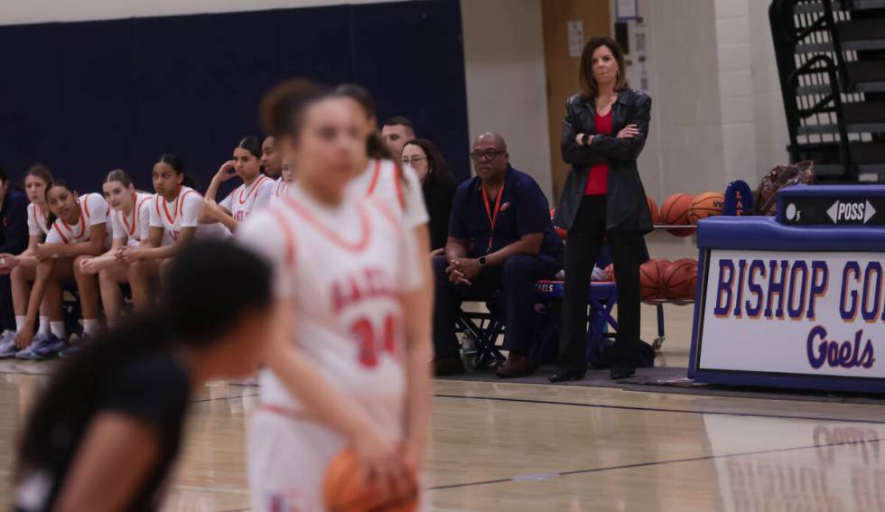 Bishop Gorman head coach Sheryl Krmpotich looks on during a high school basketball game against ...