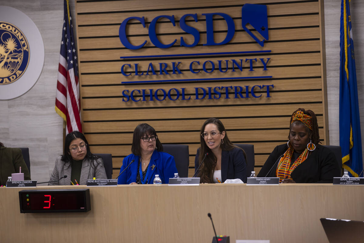 New Clark County School Board trustee Emily Stevens speaks during a school board meeting Monday ...