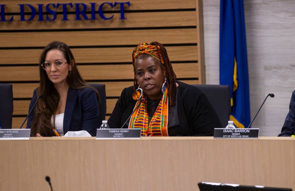 New Clark County School Board trustee Tameka Henry speaks during a school board meeting Monday, ...