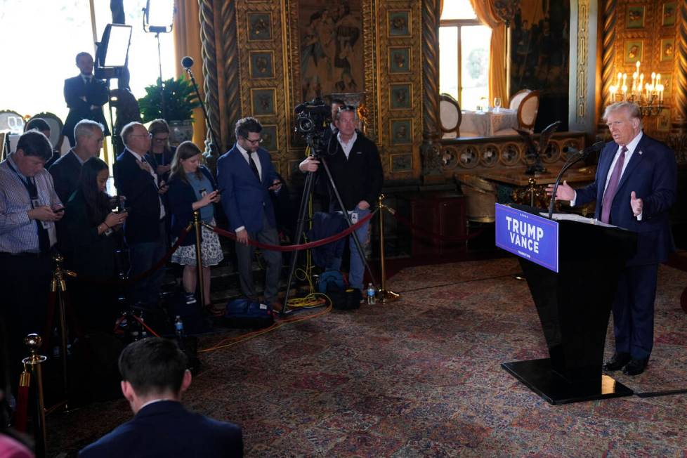 President-elect Donald Trump speaks during a news conference at Mar-a-Lago, Tuesday, Jan. 7, 20 ...