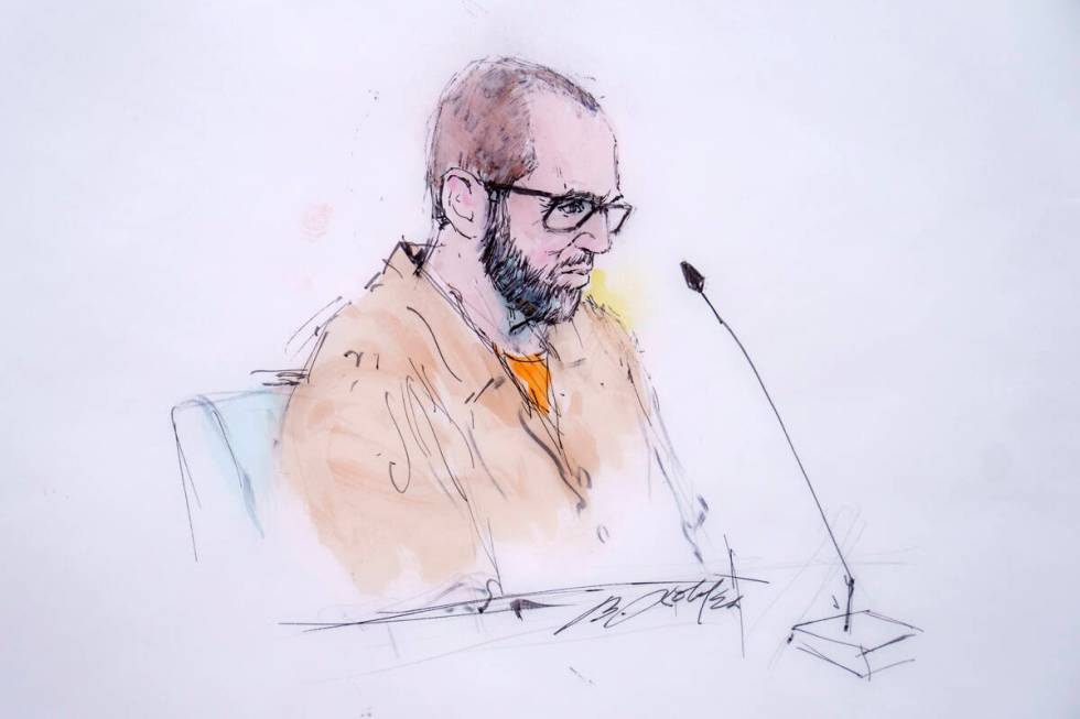 In this courtroom sketch, defendant Alexander Smirnov speaks in federal court in Los Angeles on ...