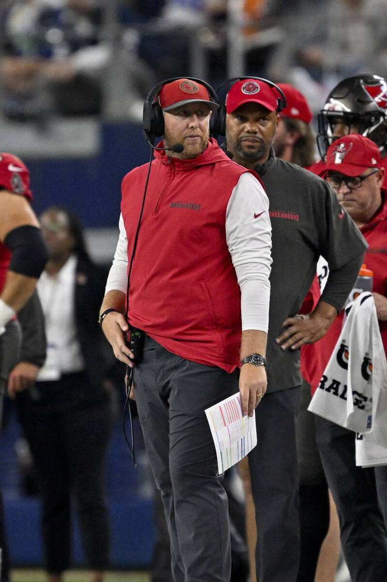 Tampa Bay Buccaneers offensive coordinator Liam Coen looks on from the sidelines during an NFL ...