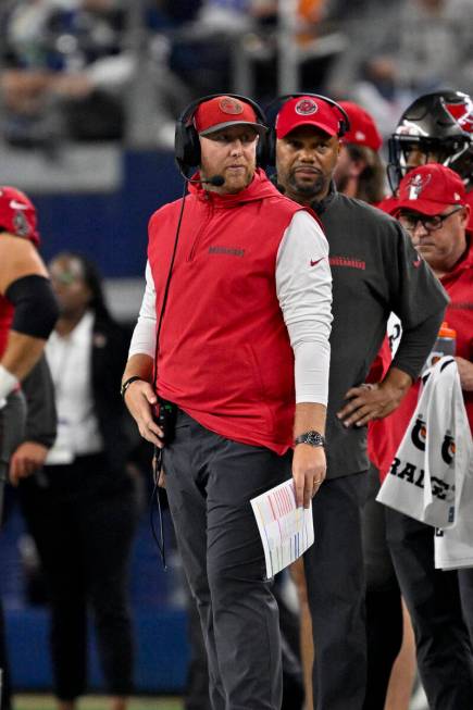 Tampa Bay Buccaneers offensive coordinator Liam Coen looks on from the sidelines during an NFL ...