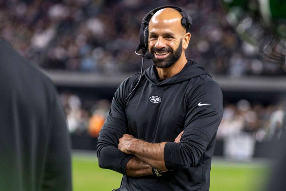 New York Jets head coach Robert Saleh on the sideline during the first half of an NFL game agai ...