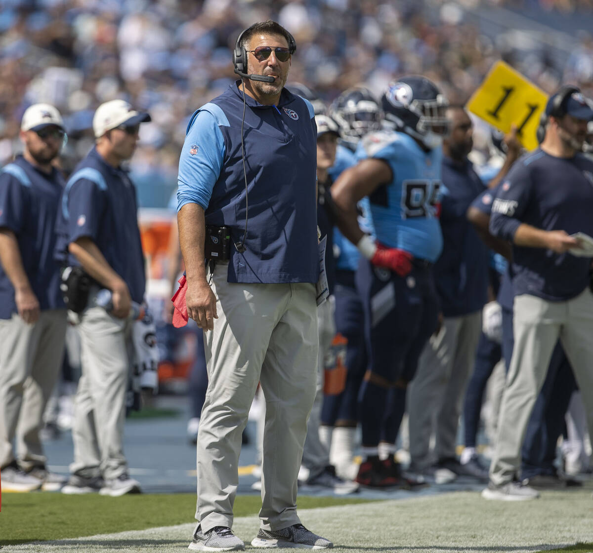 Tennessee Titans head coach Mike Vrabel looks on during the second half of an NFL game against ...