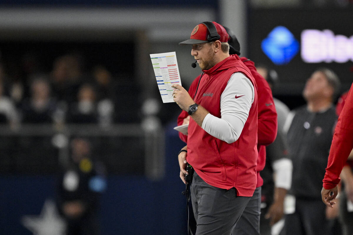 FILE - Tampa Bay Buccaneers offensive coordinator Liam Coen looks on from the sidelines during ...