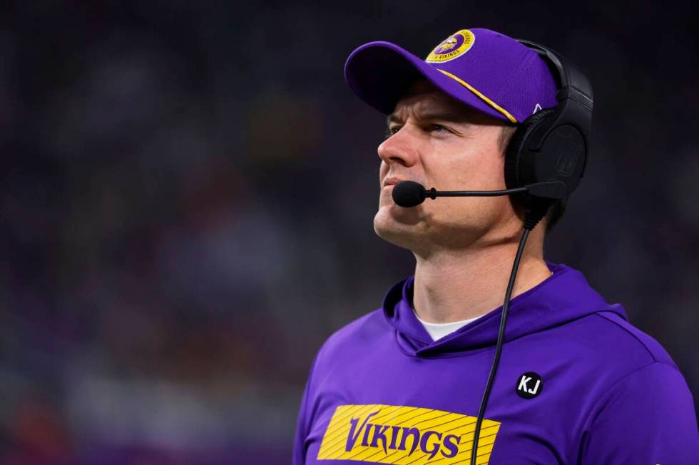 Minnesota Vikings head coach Kevin O'Connell watches during the second half of an NFL football ...