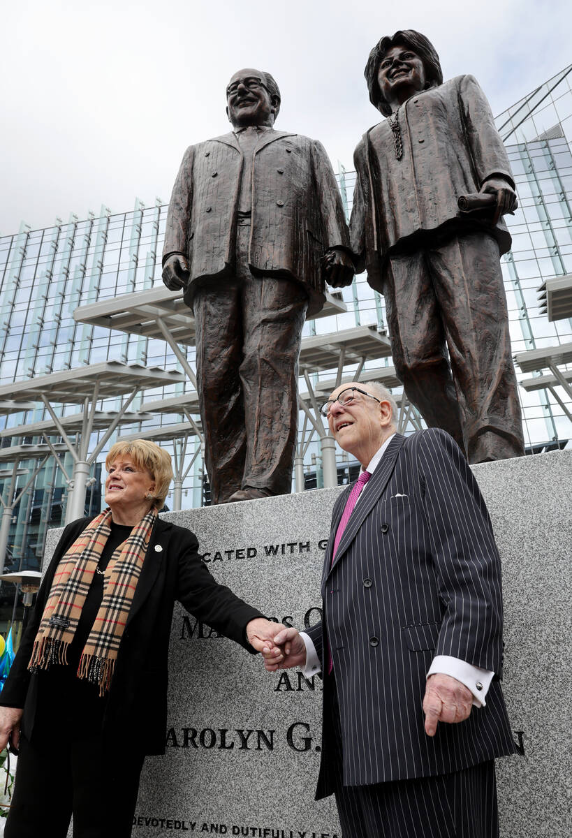 Las Vegas Mayor Carolyn Goodman and former Mayor Oscar Goodman pose during the unveiling of a s ...