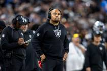 Raiders head coach Antonio Pierce looks on as the team plays during the second half of an NFL g ...