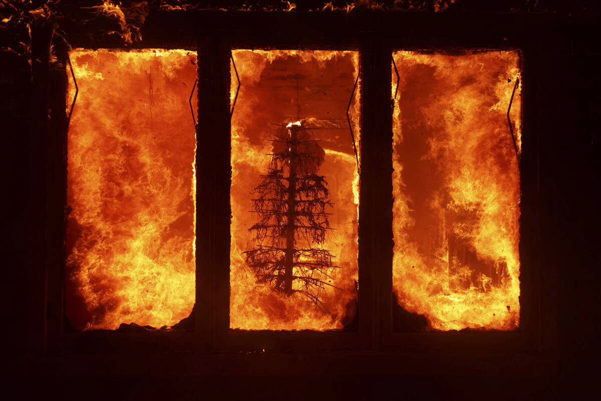 The Palisades Fire burns a Christmas tree inside a residence in the Pacific Palisades neighborh ...