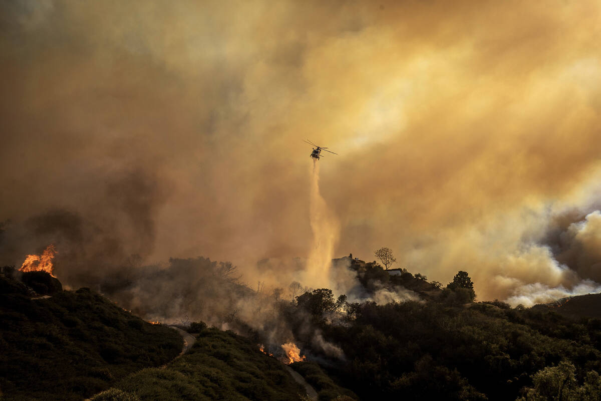 Water is dropped on the advancing Palisades Fire by helicopter in the Pacific Palisades neighbo ...