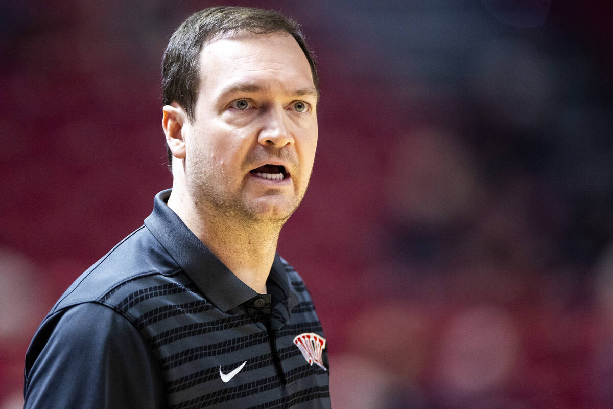 UNLV head coach Kevin Kruger questions a referee during the first half of the college basketbal ...