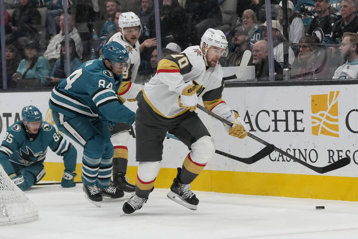 Vegas Golden Knights left wing Tanner Pearson (70) skates toward the puck against San Jose Shar ...