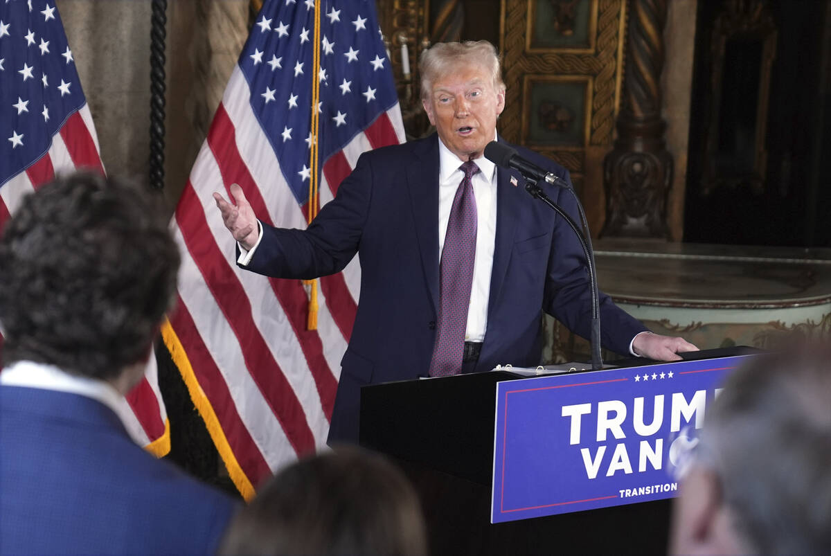 President-elect Donald Trump speaks during a news conference at Mar-a-Lago, Tuesday, Jan. 7, 20 ...