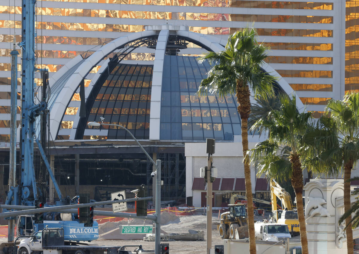 Partially dismantled glass atrium is seen as demolition continues at the Mirage, on Tuesday, Ja ...