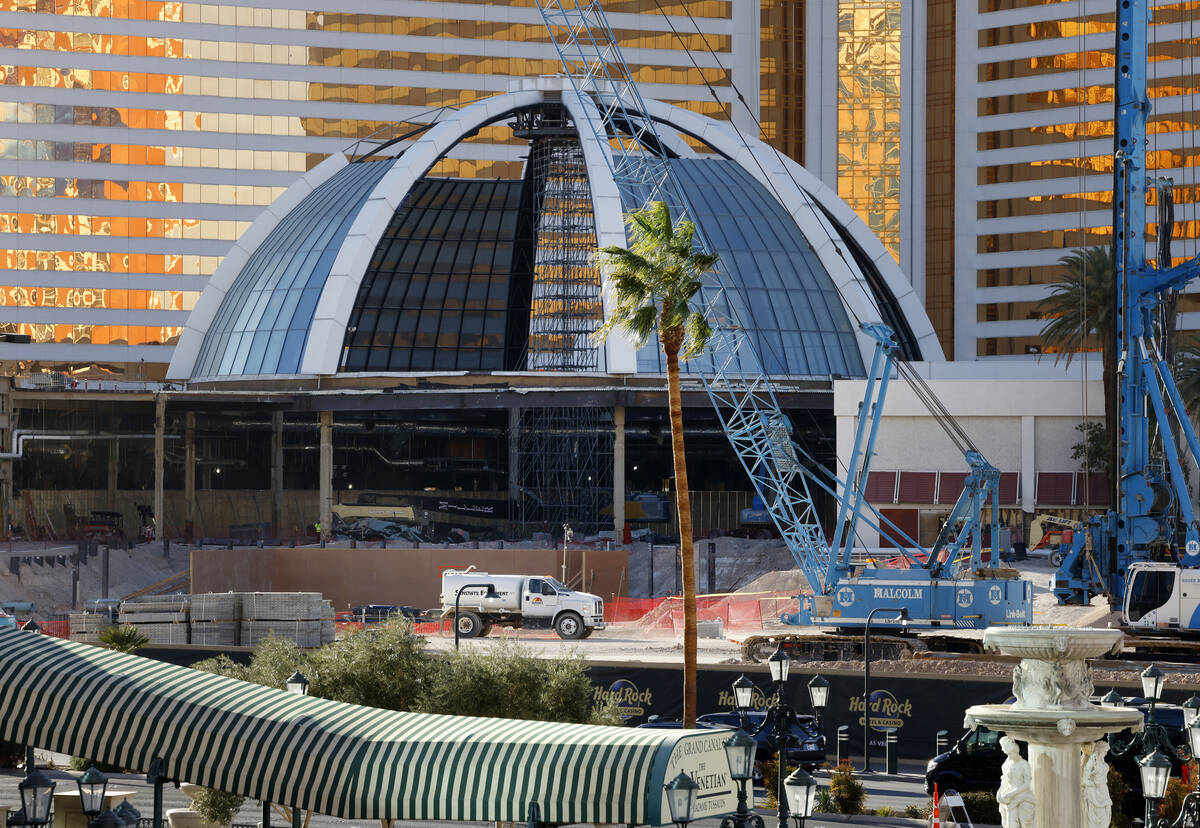 Partially dismantled glass atrium is seen as demolition continues at the Mirage, on Tuesday, Ja ...