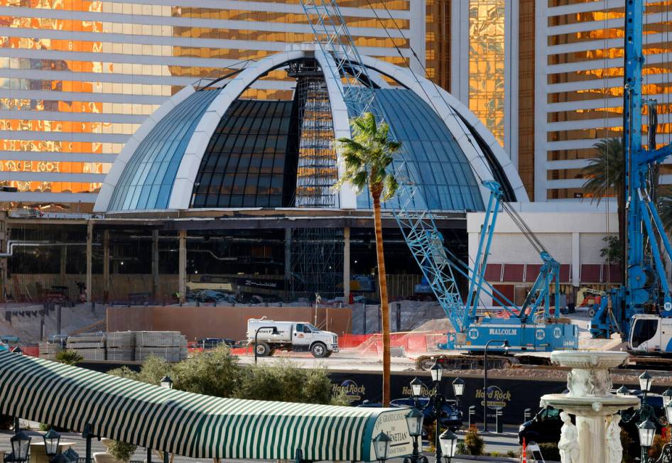 Partially dismantled glass atrium is seen as demolition continues at the Mirage, on Tuesday, Ja ...