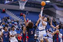 Centennial's Jayonni Durrough (25) shoots over Liberty's Dante Steward (5) during the first hal ...